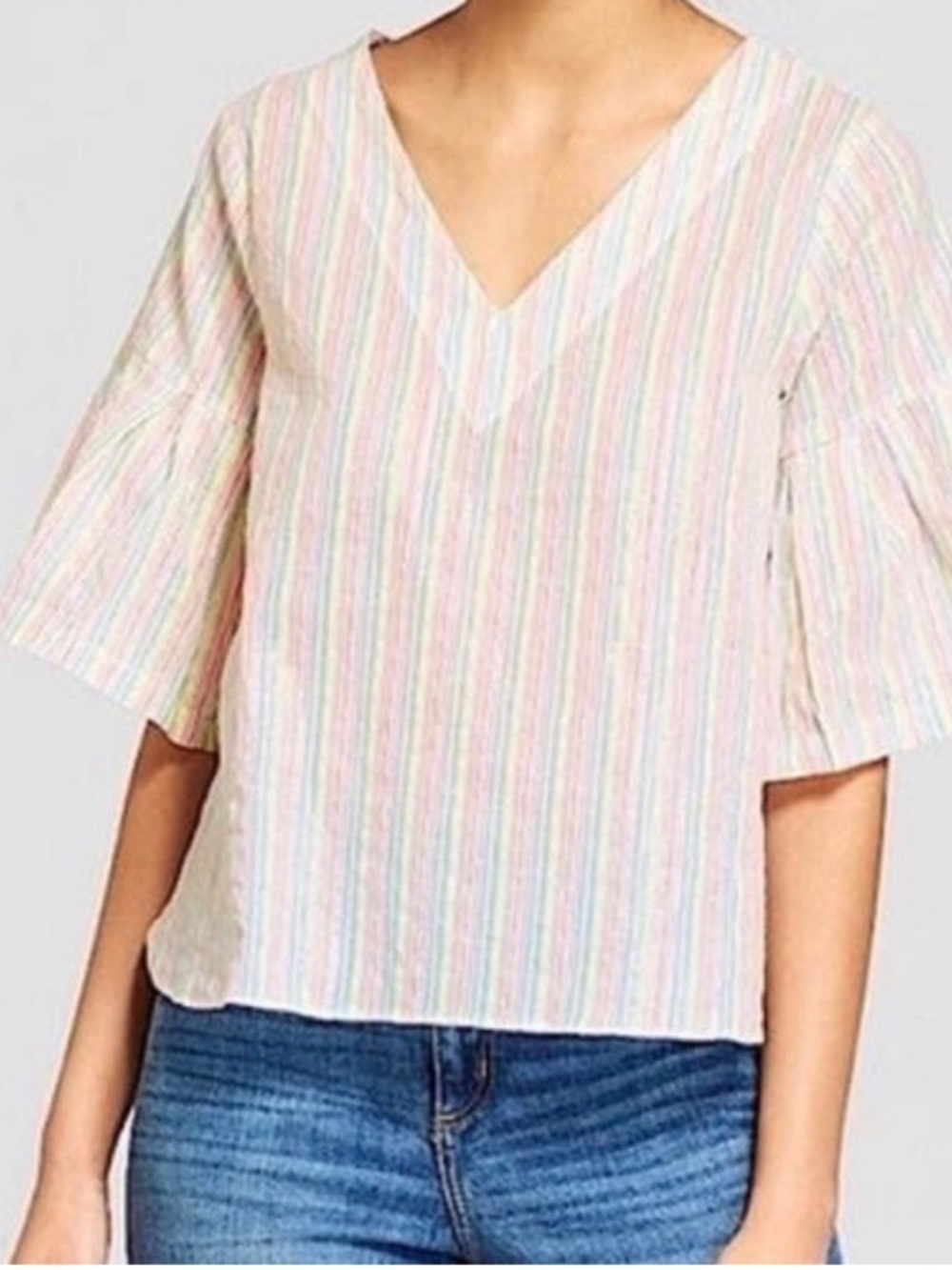A NEW DAY Seersucker Ruffle
Bell Sleeve Metallic Sparkle
Neon Striped Blouse-XXL